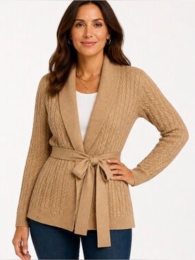 Chico’s Belted Cable Knit Camel Cardigan Sweater  Size 2 (L) NWT.Retail $119